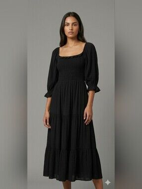 OAK + FORT Smocked Bodice Tiered Midi Dress Black Size XS 3/4 Puff Sleeve
